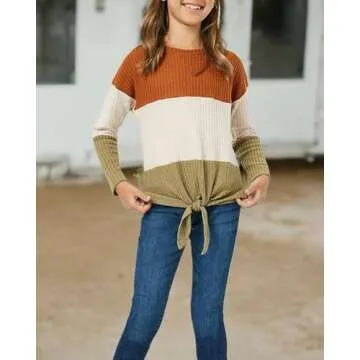 Girls Waffle Colorblock Tie Top Long Sleeve Casua T Shirt Knit Tunic Brown
