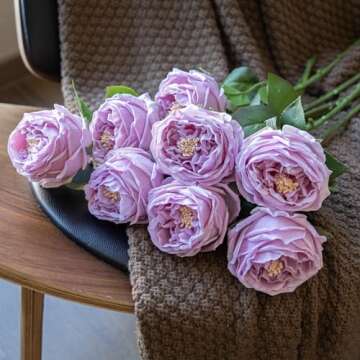 DUYONE Fake Flowers for Decoration Home Decor Real Touch Artificial Flowers Austin Rose Peony Latex Fake Flower Living Room Decoration Vivid Pink Roses Peonies (Light Purple 4pcs)