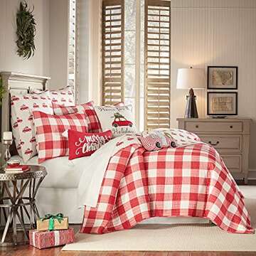 Levtex Home - Road Trip Quilt Set -Twin/Twin XL Holiday Quilt 68x86 and One Standard Pillow Sham 20x26 - Festive Christmas Farmhouse - Buffalo Check Red and White - Reversible - Cotton
