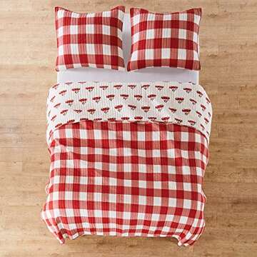 Levtex Home - Road Trip Quilt Set -Twin/Twin XL Holiday Quilt 68x86 and One Standard Pillow Sham 20x26 - Festive Christmas Farmhouse - Buffalo Check Red and White - Reversible - Cotton