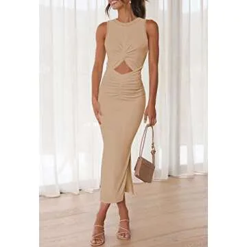 Ceuplon Women 2023 Summer Sleeveless Tank Dresses Crew Neck Slim Fit Cut Out Twist Ruched Bodycon Long Dress Apricot L