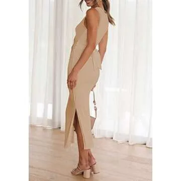 Ceuplon Women 2023 Summer Sleeveless Tank Dresses Crew Neck Slim Fit Cut Out Twist Ruched Bodycon Long Dress Apricot L
