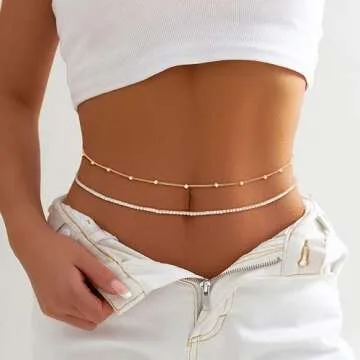 RLMOON 2PCS 18K Gold Plated 31Inch Waist Chain CZ Tennis Belly Body Chain for the Waist Layered Gold Belly Chains Waist Jewelry for Women Adjustable