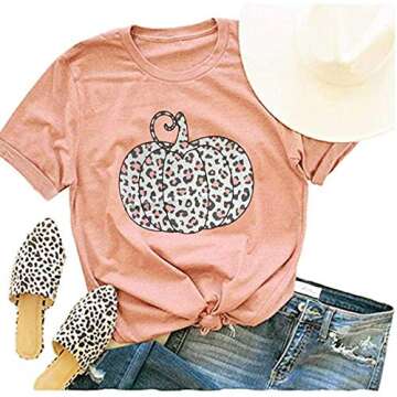 Woffccrd Womens Funny Leopard Pumpkin Printed Shirts Halloween Short Sleeve Graphic Tees Fall T-Shir...