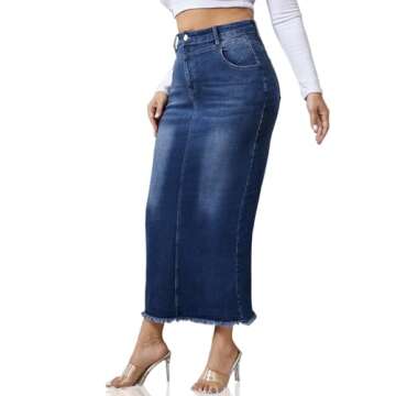 PEIHOT Midi Blue Jean Skirts for Women Denim High Waisted Casual Long Denim Skirts Summer A-Line Bac...