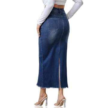 PEIHOT Midi Blue Jean Skirts for Women Denim High Waisted Casual Long Denim Skirts Summer A-Line Back Slit Frayed Rem, Large
