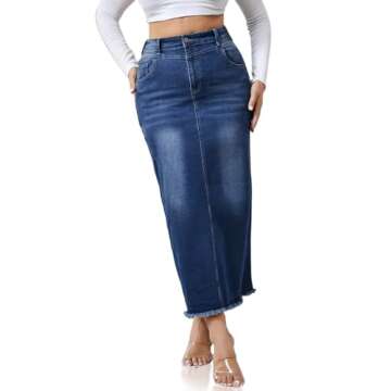 PEIHOT Midi Blue Jean Skirts for Women Denim High Waisted Casual Long Denim Skirts Summer A-Line Back Slit Frayed Rem, Large