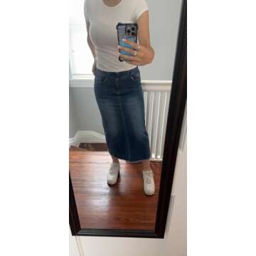 PEIHOT Midi Blue Jean Skirts for Women Denim High Waisted Casual Long Denim Skirts Summer A-Line Back Slit Frayed Rem, Large