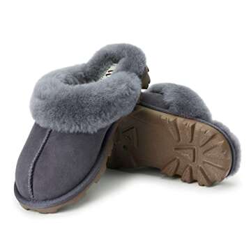 WaySoft Genuine Australian Sheepskin Women Slippers, 100% Shearling Hard Bottom Slippers for Women Indoor and Outdoor Warm Fuzzy Wool Slippers