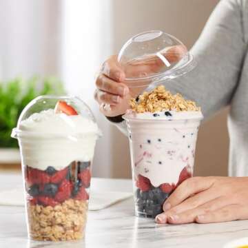 Comfy Package [16 oz. - 50 Count Clear Plastic Cups With Dome Lids (No Hole), Fruit Cups with Lids for Party - Perfect for Smoothies, Milkshakes, and To-Go Beverages