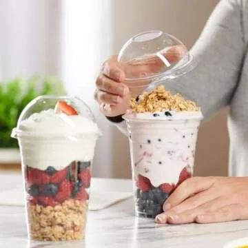 Comfy Package [16 oz. - 50 Count Clear Plastic Cups With Dome Lids (No Hole), Fruit Cups with Lids for Party - Perfect for Smoothies, Milkshakes, and To-Go Beverages