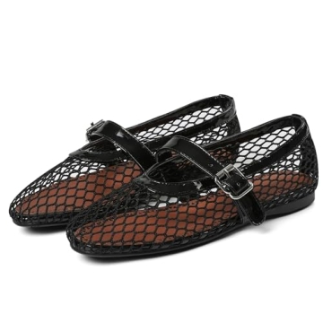 AMINUGAL Mesh Ballet Flats Shoes for Women Fashion Round Toe Fishnet Black Flats for Women Buckle St...