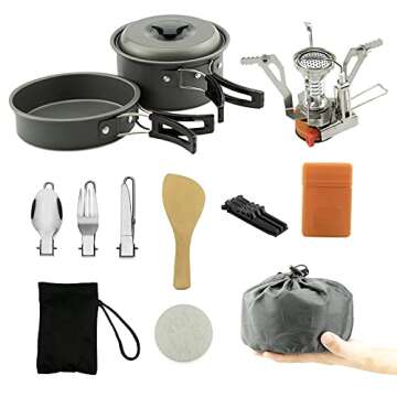 ZACMIA 13pcs Camping Cookware Mess Kit with Backpacking Stove Camping Pot and Pan Set,Fork Knive Spo...