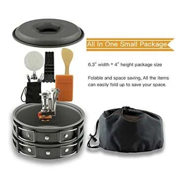 ZACMIA 13pcs Camping Cookware Mess Kit with Backpacking Stove Camping Pot and Pan Set,Fork Knive Spoon, Fuel stabilizer, for Outdoor Camping Hiking and Picnic(1-2 Person)