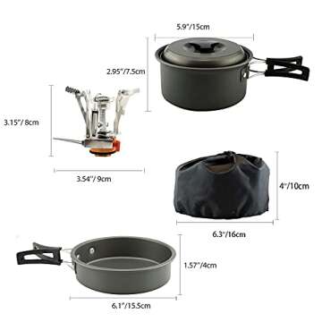 ZACMIA 13pcs Camping Cookware Mess Kit with Backpacking Stove Camping Pot and Pan Set,Fork Knive Spoon, Fuel stabilizer, for Outdoor Camping Hiking and Picnic(1-2 Person)