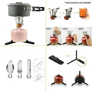 ZACMIA 13pcs Camping Cookware Mess Kit with Backpacking Stove Camping Pot and Pan Set,Fork Knive Spoon, Fuel stabilizer, for Outdoor Camping Hiking and Picnic(1-2 Person)