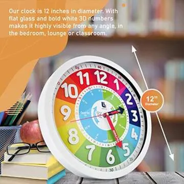 3D Kids Colorful Learning Wall Clock - Easy to Read - Telling Time Teaching Clock for Kids - Classroom Bedroom Wall Decor - Silent Analog Kids Clock for Homeschool, Playrooms, Nursery (12 inch)