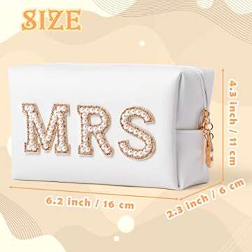 Y1tvei Gold MRS Letter Patch Cosmetic Toiletry Bag Pearl Rhinestone Varsity, PU Leather Bride Makeup...