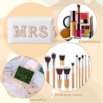 Y1tvei Gold MRS Letter Patch Cosmetic Toiletry Bag Pearl Rhinestone Varsity, PU Leather Bride Makeup Bag Waterproof Portable Zipper Small Clutch Purse Travel Organizer for Women Girls