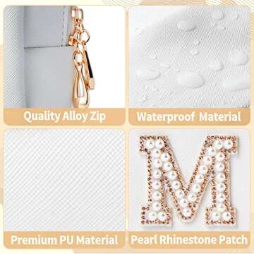 Y1tvei Gold MRS Letter Patch Cosmetic Toiletry Bag Pearl Rhinestone Varsity, PU Leather Bride Makeup Bag Waterproof Portable Zipper Small Clutch Purse Travel Organizer for Women Girls