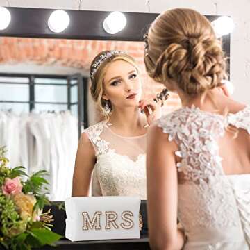 Y1tvei Gold MRS Letter Patch Cosmetic Toiletry Bag Pearl Rhinestone Varsity, PU Leather Bride Makeup Bag Waterproof Portable Zipper Small Clutch Purse Travel Organizer for Women Girls