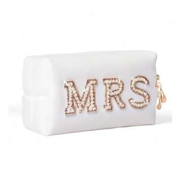 Y1tvei Gold MRS Letter Patch Cosmetic Toiletry Bag Pearl Rhinestone Varsity, PU Leather Bride Makeup Bag Waterproof Portable Zipper Small Clutch Purse Travel Organizer for Women Girls