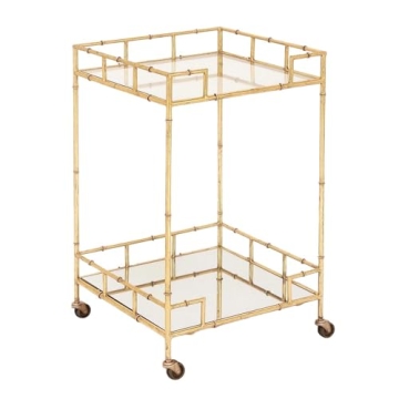 Urban Designs 7727556 Gold Leaf 2-Shelf Square Metal Mirror Mobile bar Cart Gold, Medium