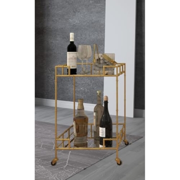 Urban Designs 7727556 Gold Leaf 2-Shelf Square Metal Mirror Mobile bar Cart Gold, Medium