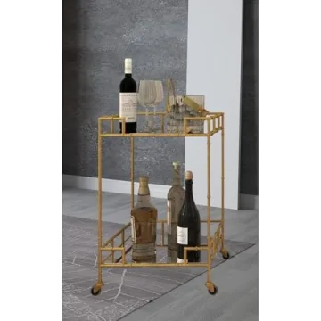 Urban Designs 7727556 Gold Leaf 2-Shelf Square Metal Mirror Mobile bar Cart Gold, Medium