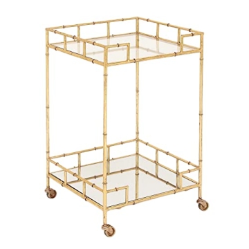 Urban Designs 7727556 Gold Leaf 2-Shelf Square Metal Mirror Mobile bar Cart Gold, Medium