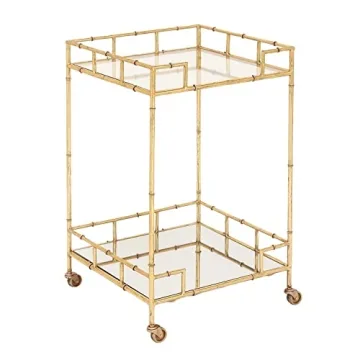Urban Designs 7727556 Gold Leaf 2-Shelf Square Metal Mirror Mobile bar Cart Gold, Medium