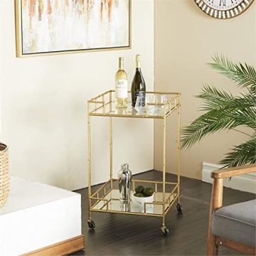 Urban Designs 7727556 Gold Leaf 2-Shelf Square Metal Mirror Mobile bar Cart Gold, Medium