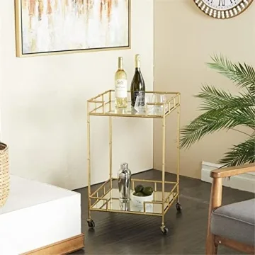 Urban Designs 7727556 Gold Leaf 2-Shelf Square Metal Mirror Mobile bar Cart Gold, Medium