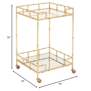 Urban Designs 7727556 Gold Leaf 2-Shelf Square Metal Mirror Mobile bar Cart Gold, Medium