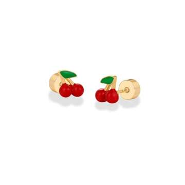 PAVOI 14K Yellow Gold Plated Sterling Silver Posts Enamel Flatback Stud Earrings for Women - Colored Cherry Emoji Screwback Earrings - Dainty Helix Cartilage Piercing Jewelry