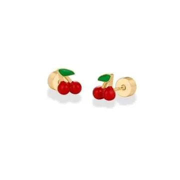 PAVOI 14K Yellow Gold Plated Sterling Silver Posts Enamel Flatback Stud Earrings for Women - Colored Cherry Emoji Screwback Earrings - Dainty Helix Cartilage Piercing Jewelry