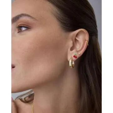 PAVOI 14K Yellow Gold Plated Sterling Silver Posts Enamel Flatback Stud Earrings for Women - Colored Cherry Emoji Screwback Earrings - Dainty Helix Cartilage Piercing Jewelry