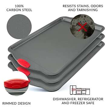 Premium Nonstick Baking Sheet Pans – Set of 3, Heavy-Gauge Carbon Steel, Warp, Dent, and Rust-Resistant – Gourmet Rimmed Half Cookie Sheet Trays, Non-Toxic for Exceptional Baking Performance