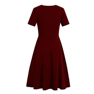 Modest Dresses for Womens Elegant Vintage 50s Office Casual Floral Print Wear to Work Party Swing A-Line Knee Length Dress with Pockets 162 (XL, Burgundy)