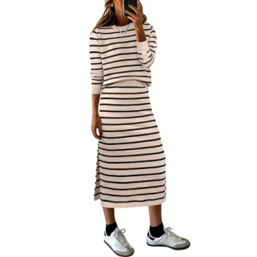 ANRABESS Women 2 Piece Outfits Striped Sweater Skirt Sets 2024 Fall Casual Long Sleeve Pullover Top ...