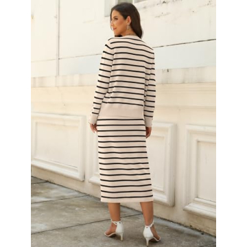 ANRABESS Women 2 Piece Outfits Striped Sweater Skirt Sets 2024 Fall Casual Long Sleeve Pullover Top Lounge Travel Midi Dress Beige Black Small