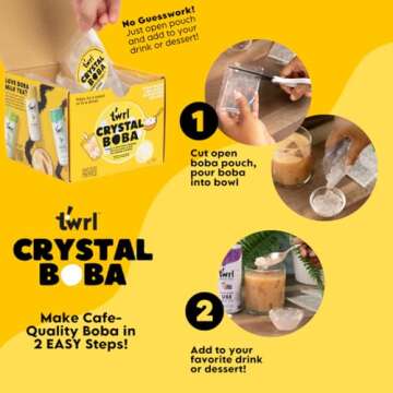 Twrl Crystal Boba - Jelly Boba, Low-Calorie Alternative to Taiwanese Tapioca Pearls, Cafe-Style Tapioca Milk Tea & Coffee Topping, Ready to Eat, Gluten-Free, Plant-Based - Pack of 6 Single Servings