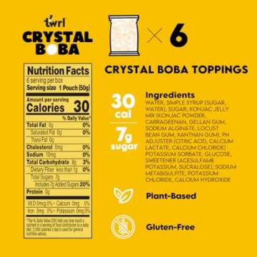 Twrl Crystal Boba - Jelly Boba, Low-Calorie Alternative to Taiwanese Tapioca Pearls, Cafe-Style Tapioca Milk Tea & Coffee Topping, Ready to Eat, Gluten-Free, Plant-Based - Pack of 6 Single Servings