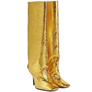 YIYA Gold Metallic Knee High Stiletto Boots for Women