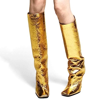 YIYA Gold Metallic Knee High Stiletto Boots for Women