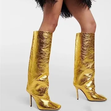 YIYA Gold Metallic Knee High Stiletto Boots for Women