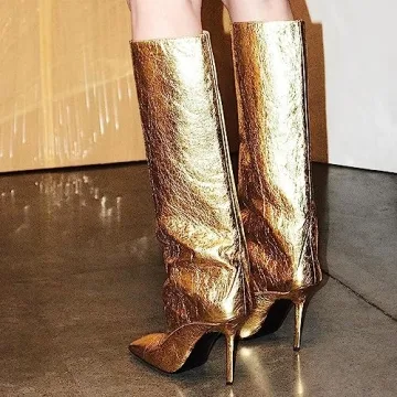 YIYA Gold Metallic Knee High Stiletto Boots for Women