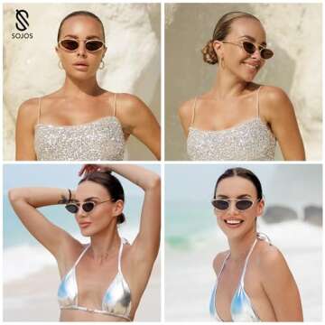 SOJOS Retro Narrow Cat Eye Sunglasses - 90s Vintage Small Metal Frame (Gold/Grey)
