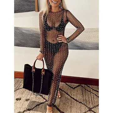 Women's Pearl Rhinestone Cover Up Dress See Through Sheer Long Maxi Dresses Beach Swimwear Bikini Cover Ups (Black, M) …