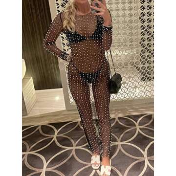 Women's Pearl Rhinestone Cover Up Dress See Through Sheer Long Maxi Dresses Beach Swimwear Bikini Cover Ups (Black, M) …